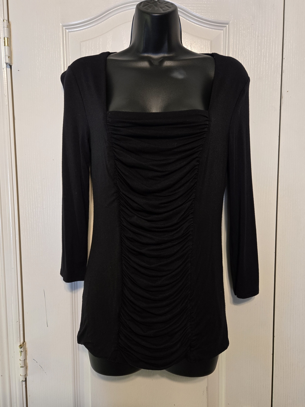 Grace Elements Black Ruched Square-Neck Long Sleeve Top with 3/4 Sleeves